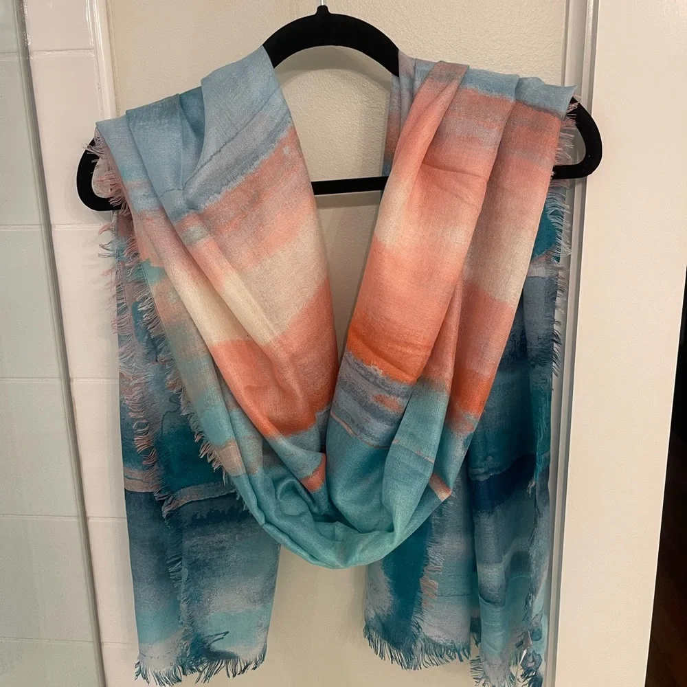 Nordstrom silk/Cashmere Scarf wrap Blue/peach ombré OS